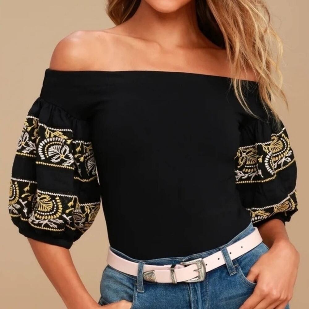 Free People Rock With It Black Embroidered Off the Shoulder Pullover Top Sz M
